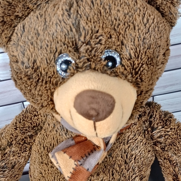 •NANCO Brown cuddly Bear fluffy fur silver shimmery eyes plaid winter scarf - Picture 6 of 10
